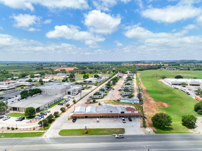 Aerial view of Hill Country RV Park’s spacious RV sites in Fredericksburg, Texas